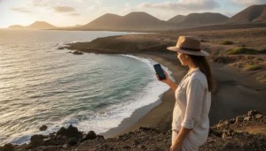 Tourist using smartphone mobile internet while travelling in Fuerteventura Canary Islands