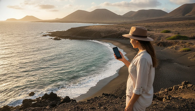 Tourist using smartphone mobile internet while travelling in Fuerteventura Canary Islands