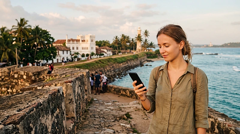 Tourist using mobile internet while exploring Galle Fort in Sri Lanka