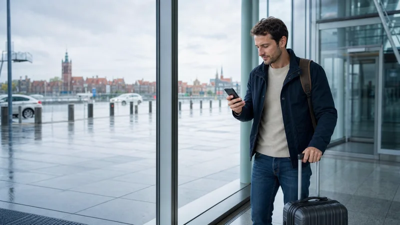 Traveller checking mobile internet before leaving Gdańsk Airport.