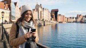Traveller using mobile internet beside the Gdańsk waterfront.
