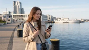 Traveller using mobile internet beside Gdynia's waterfront.