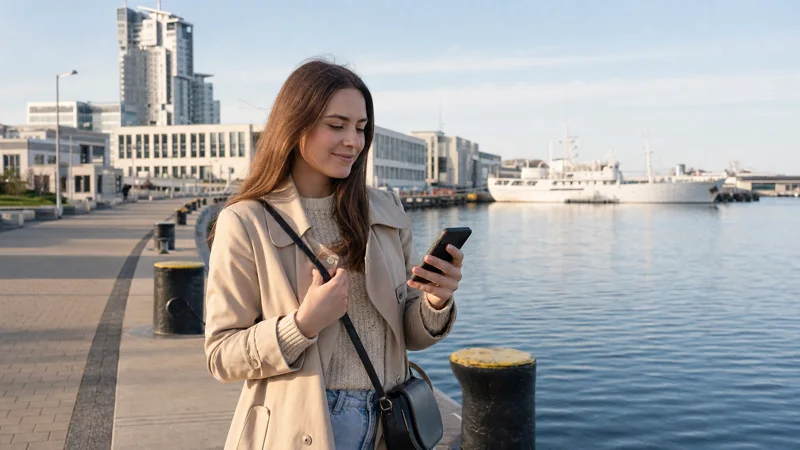 Traveller using mobile internet beside Gdynia's waterfront.