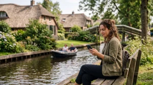 Tourist using mobile internet while exploring the canals of Giethoorn in the Netherlands