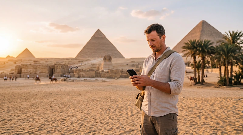 Tourist using mobile internet while visiting Giza in Egypt