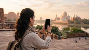 Tourist using an India eSIM while travelling the Golden Triangle route