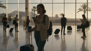 Tourist using mobile internet at Gran Canaria Airport after arrival in Canary Islands