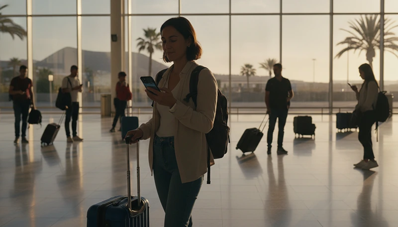 Tourist using mobile internet at Gran Canaria Airport after arrival in Canary Islands