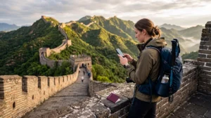 Tourist using mobile internet while visiting the Great Wall of China