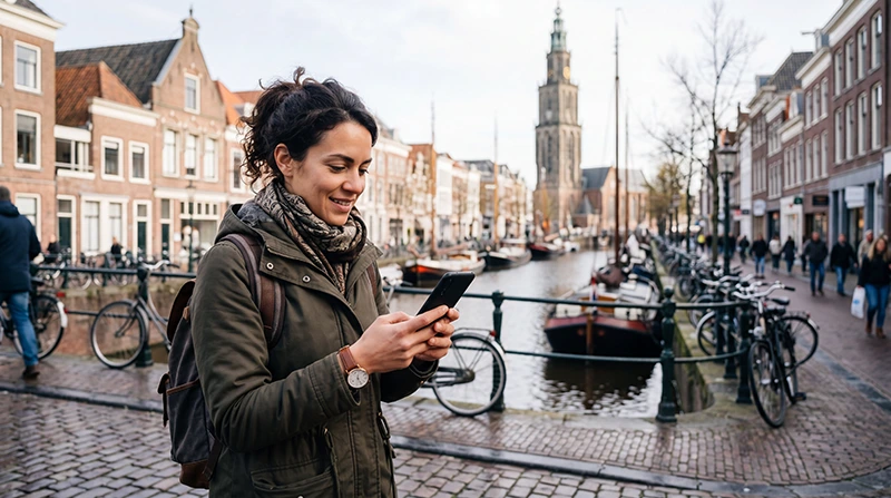 Tourist using mobile internet while exploring Groningen in the Netherlands
