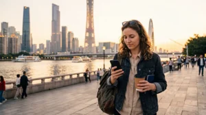 Tourist using mobile internet while exploring Guangzhou