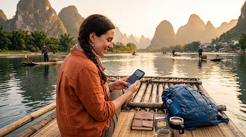 Tourist using mobile internet while exploring Guilin