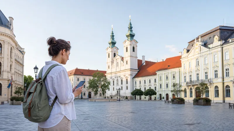Traveller using a smartphone for internet access in Győr, Hungary.