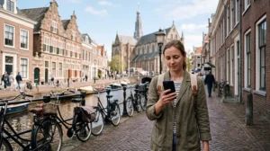 Tourist using mobile internet while exploring Haarlem in the Netherlands
