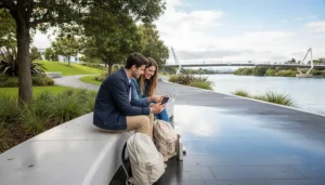Tourists using mobile internet beside the Waikato River in Hamilton, New Zealand