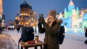 Tourist using mobile internet while exploring Harbin