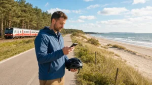 Traveller using a smartphone beside dunes on the Hel Peninsula.