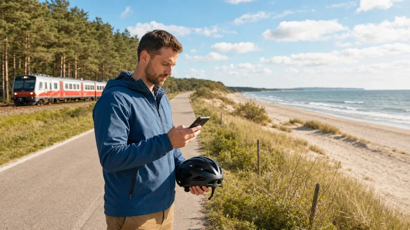 Traveller using a smartphone beside dunes on the Hel Peninsula.