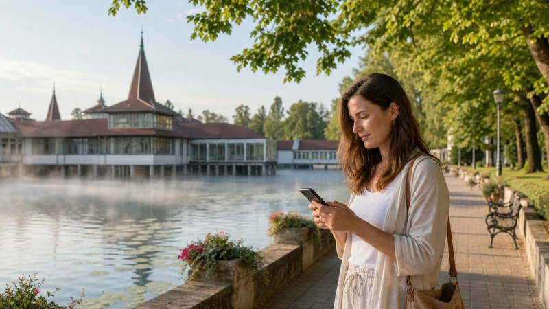 Traveller using a smartphone beside the thermal lake in Hévíz, Hungary