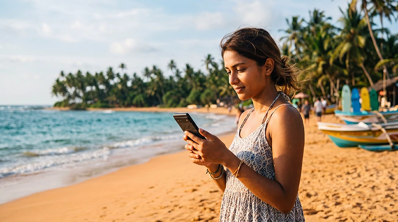 Tourist using mobile internet while visiting Hikkaduwa Beach in Sri Lanka