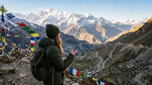 Tourist using an India eSIM while travelling in the Indian Himalayas
