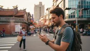 Tourist using mobile internet while exploring Hsinchu city in Taiwan