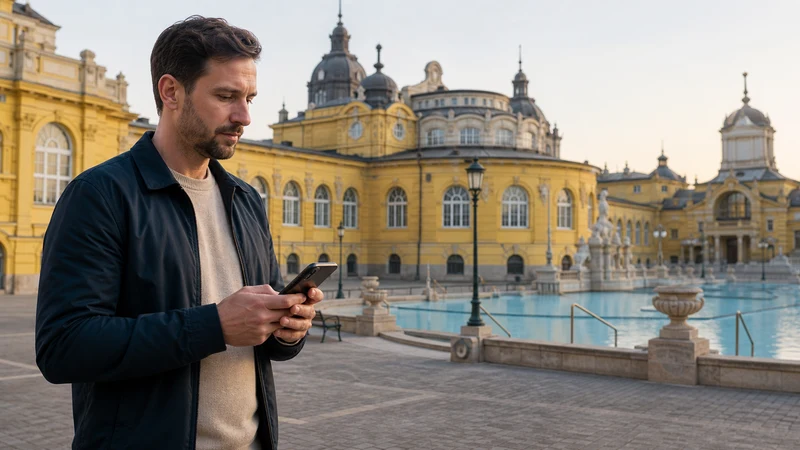 Traveller checking spa information on a smartphone at a thermal bath in Hungary