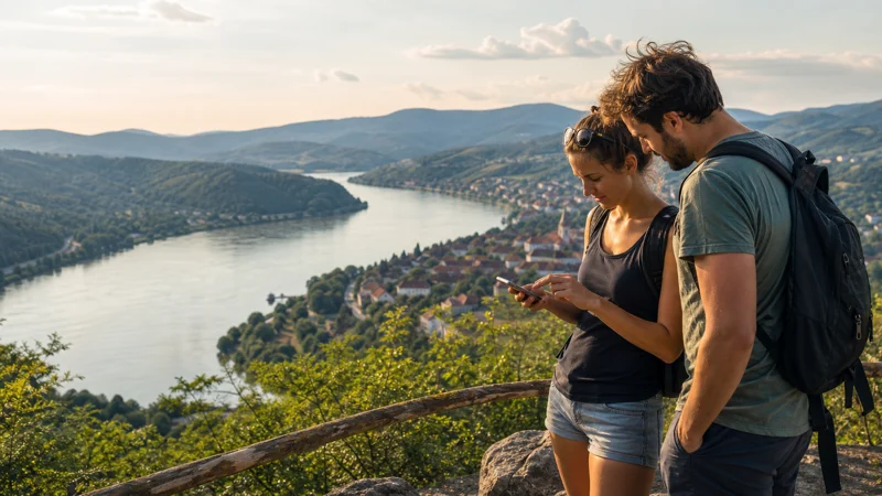 Tourists using a smartphone at a Danube Bend viewpoint in Hungary