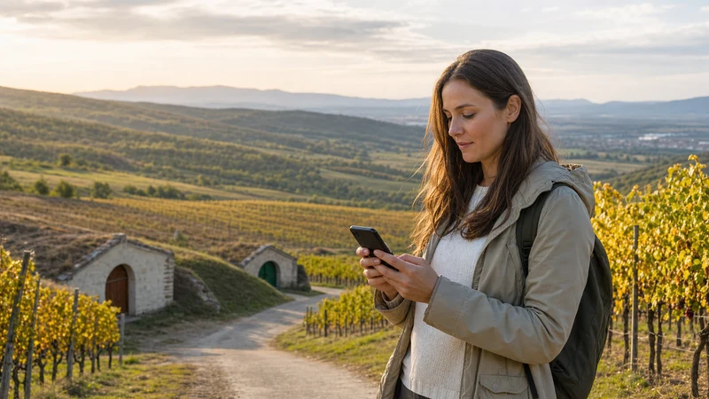 Traveller using a smartphone among vineyards in a Hungarian wine region