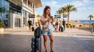 Tourist using mobile internet after arriving at Hurghada International Airport