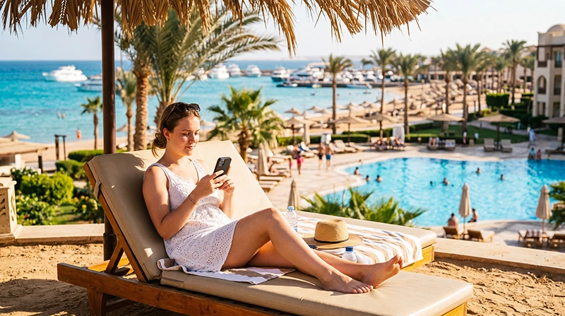 Tourist using mobile internet at a resort in Hurghada Egypt