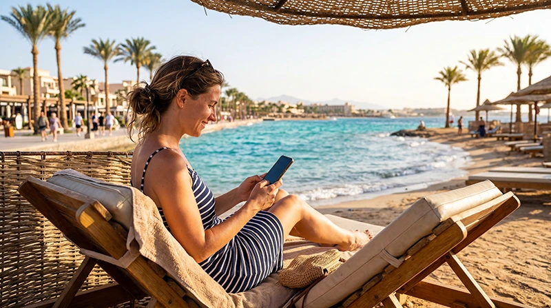 Tourist using mobile internet while visiting Hurghada Egypt