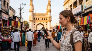 Tourist using mobile internet in Hyderabad with an India eSIM
