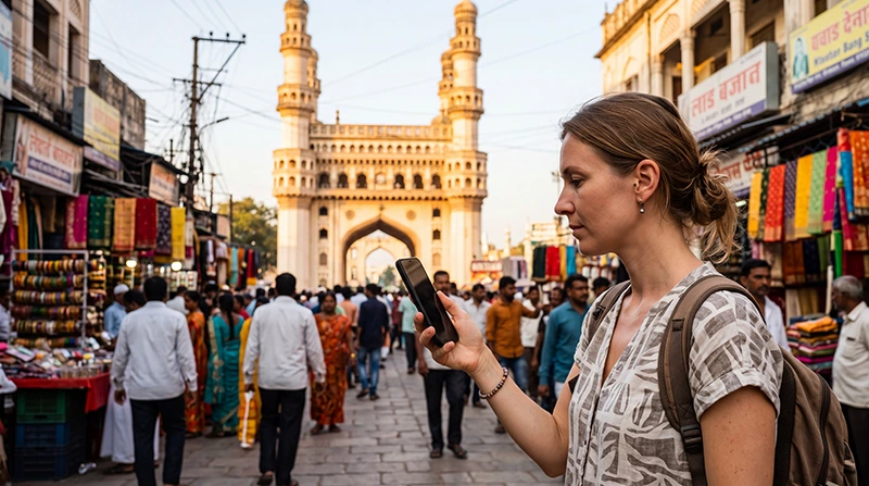 Tourist using mobile internet in Hyderabad with an India eSIM