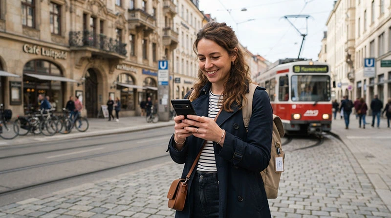 Tourist using mobile internet on a smartphone while exploring Germany