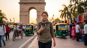 Tourist using mobile internet in India with an eSIM