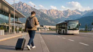 Traveller using mobile internet on a smartphone in the Innsbruck Airport arrivals area