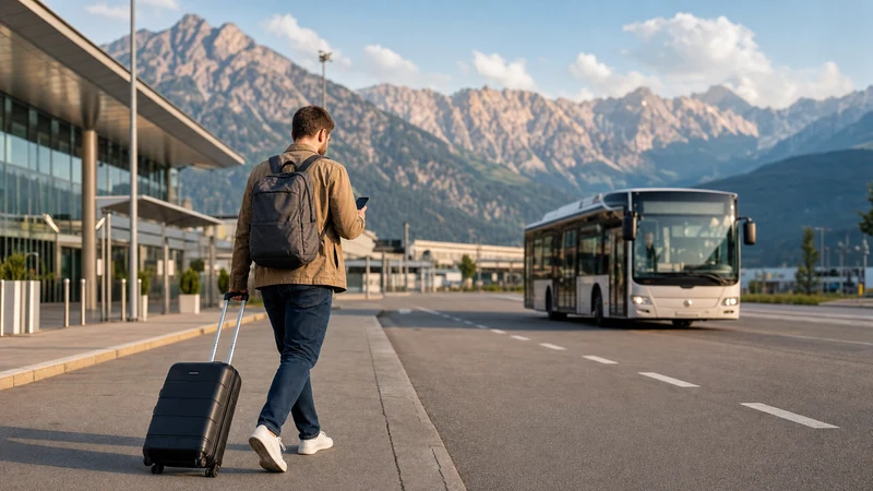 Traveller using mobile internet on a smartphone in the Innsbruck Airport arrivals area