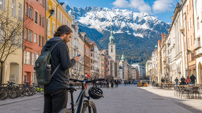 Tourist using a smartphone for internet access in Innsbruck