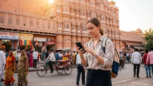 Tourist using mobile internet in Jaipur with an India eSIM