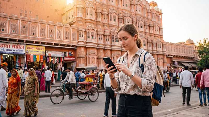Tourist using mobile internet in Jaipur with an India eSIM