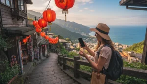 Tourist using mobile internet while exploring Jiufen old street in Taiwan