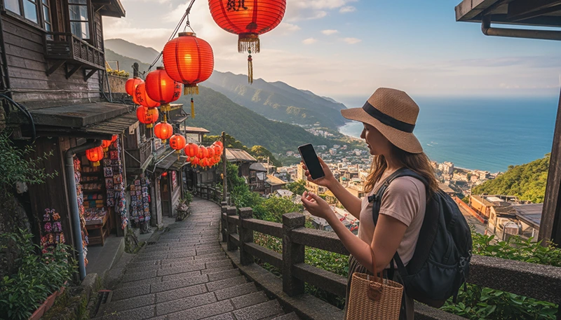 Tourist using mobile internet while exploring Jiufen old street in Taiwan