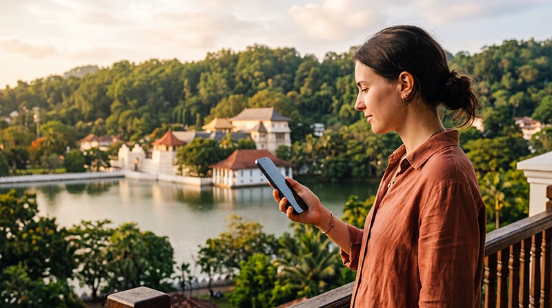 Tourist using mobile internet near Kandy Lake in Sri Lanka