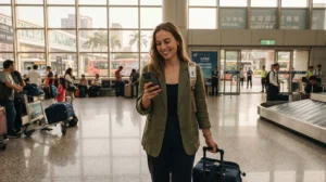 Traveller using internet after arriving at Kaohsiung International Airport in Taiwan