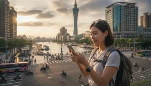Tourist using mobile internet while exploring Kaohsiung city in Taiwan