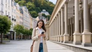Tourist mobile internet setup overlooking Karlovy Vary.