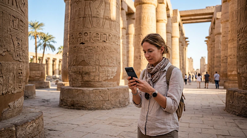 Tourist using mobile internet while visiting Karnak Temple in Luxor Egypt