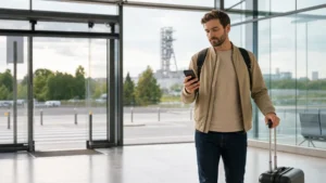 Traveller checking mobile internet before leaving Katowice Airport.