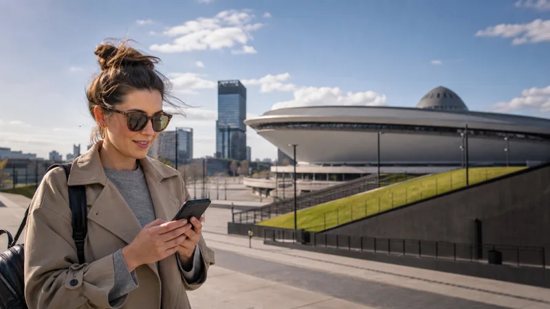 Traveller using mobile internet in central Katowice.